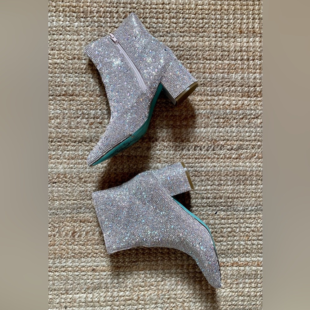 Betsey Johnson “Kyla” Rhinestone block heel booties with almond toe. Size 7.5